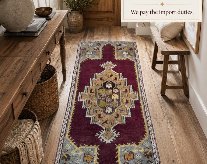 Turkish Runner Rug, Vintage Kars Kazak Wool Tribal Medallion, Distressed Burgundy Blue Gold,