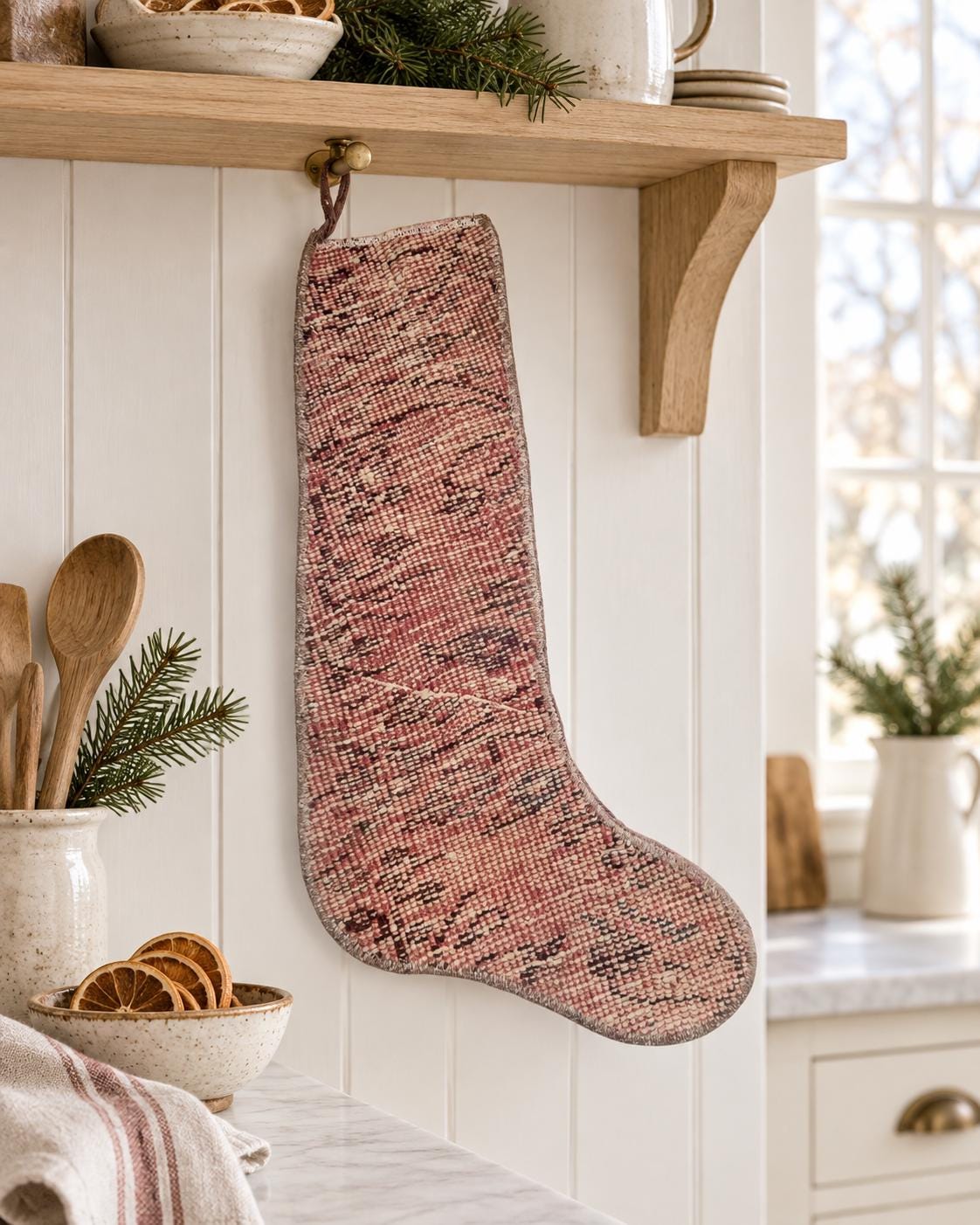 Vintage Turkish Wool Christmas Stocking, Dusty Rose and Burgundy Pattern, 45x32 cm