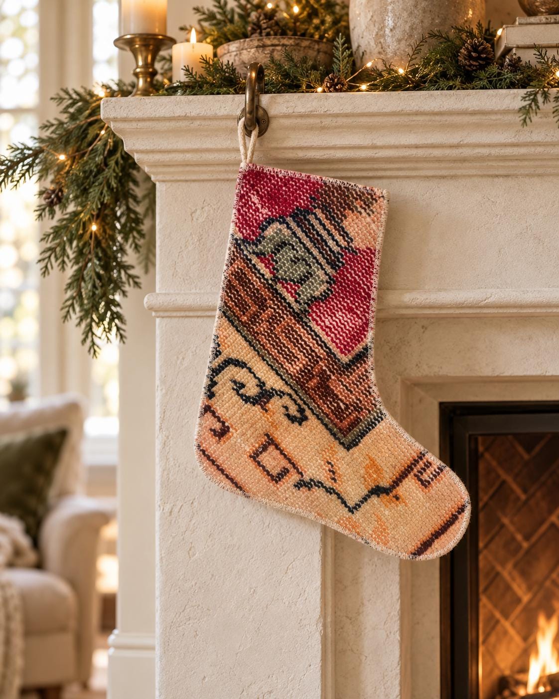 Christmas Stocking, Vintage Turkish Rug, Tribal Geometric Medallion Pink Terracotta, 13 in