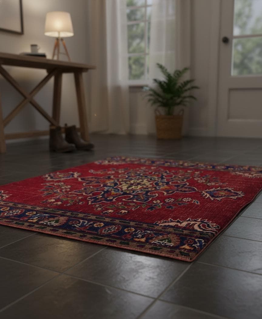 Vintage Turkish Isparta Rug 1981, Hand-Knotted Wool Medallion, Red Navy Floral, 4.1x5.7 ft – view 4