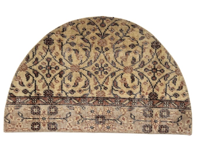 Vintage Wool Semicircle Rug Handmade Beige Boho Custom Doormat Home Decor