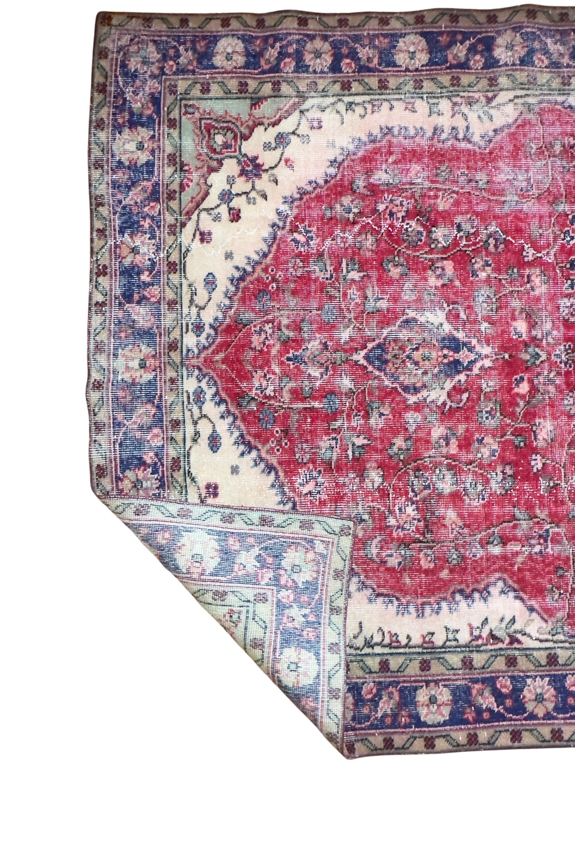 Vintage Turkish Area Rug, Hand-Knotted Wool Medallion, Faded Crimson Red Navy, 6x9 ft – view 9