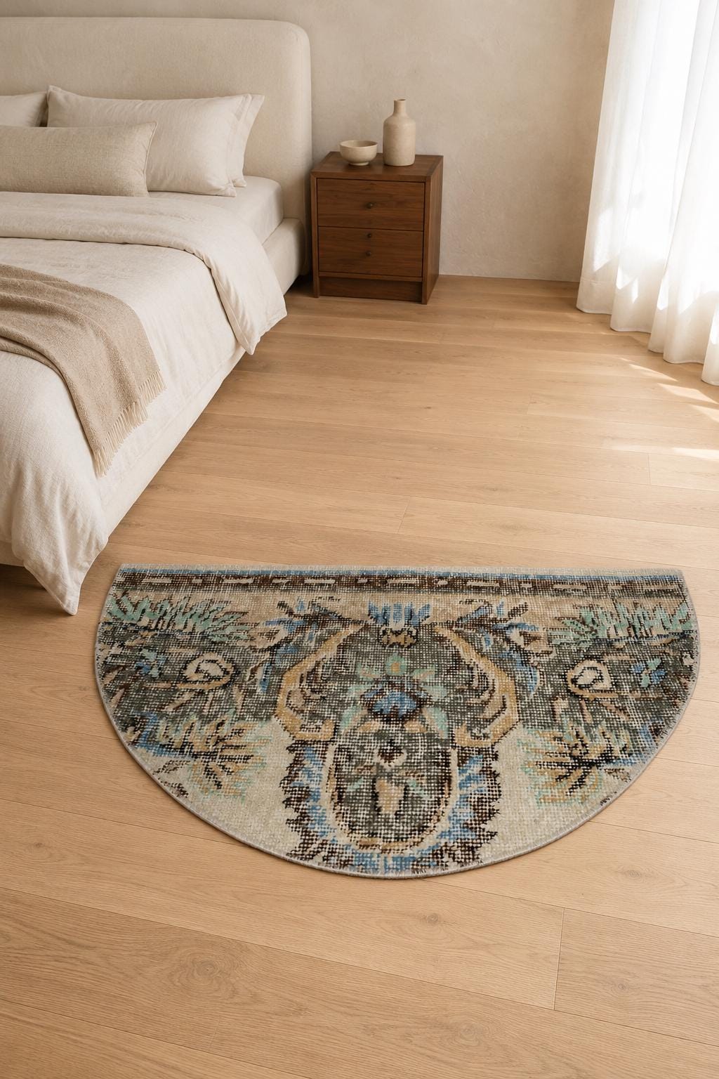 Vintage Turkish Semicircle Rug, Handwoven Wool Bouquet Medallion, Teal Blue Ivory, 1.5x2.5 ft