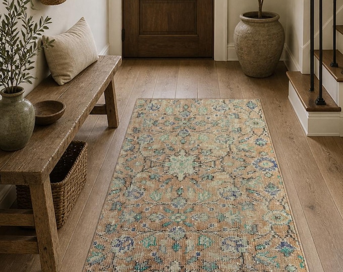 Vintage Turkish Demirci Mosque Rug, Hand Knotted Wool, Distressed Camel Teal Floral, Anatolian