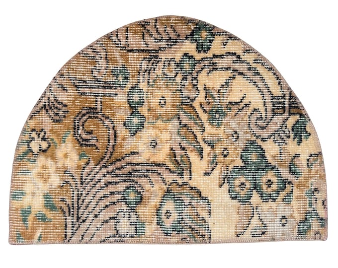 Vintage Turkish Semicircle Rug 24x17 Inch Hand Knotted Wool