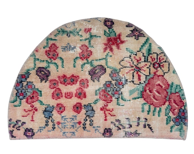 Vintage Semicircle Rug 18x26 In Hand Knotted Wool Floral Entryway Decor