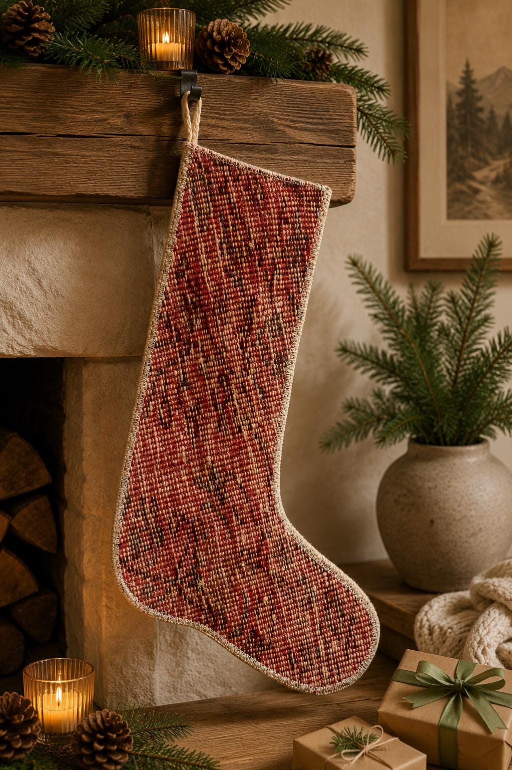 Turkish Rug Christmas Stocking, Vintage Wool Kilim, Crimson Red Stripe Boho Fireplace Decor
