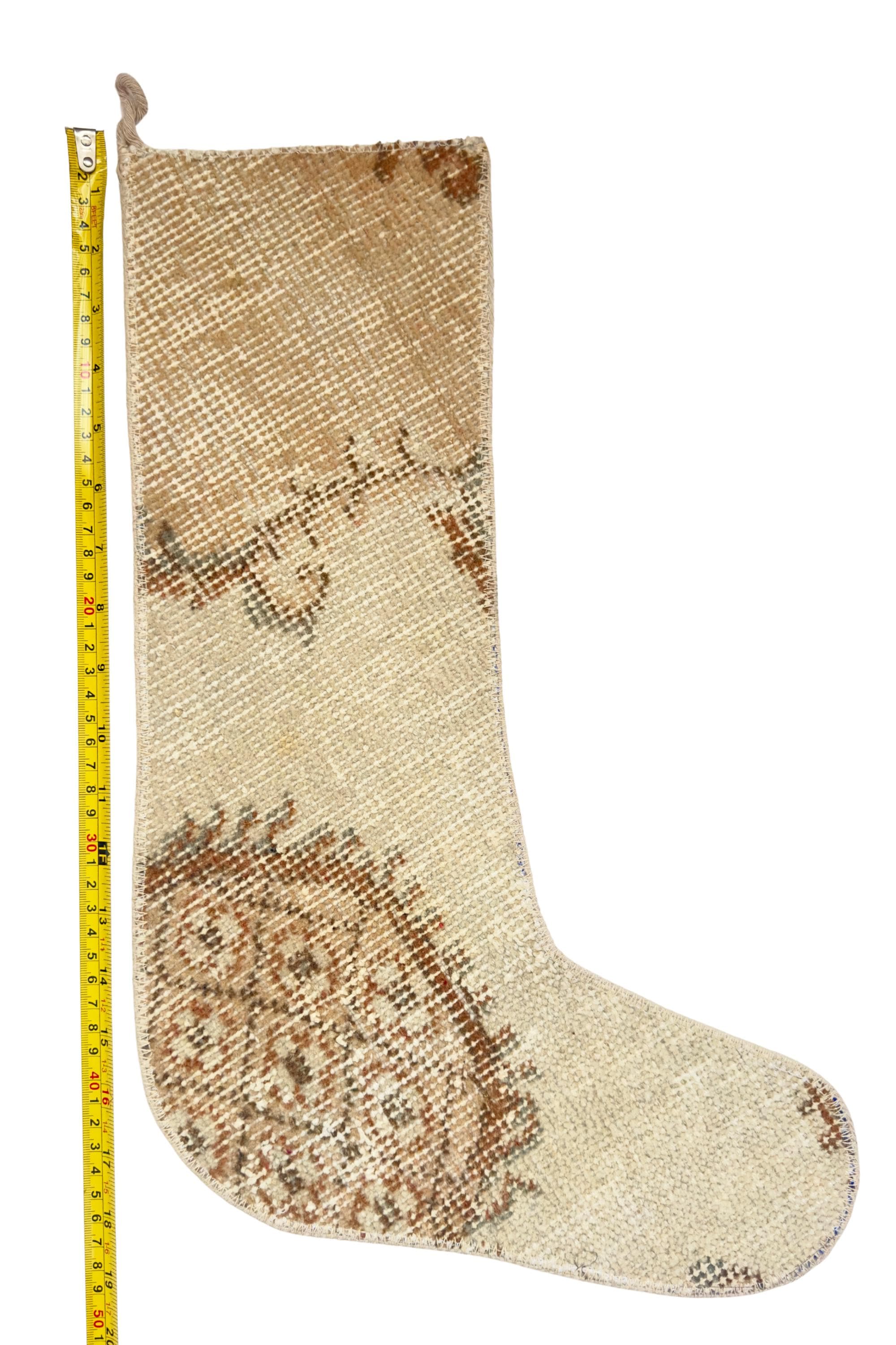Turkish Rug Christmas Stocking, Handmade Vintage Anatolian Wool, Faded Ivory, Boho Rustic Fireplace Decor – view 6