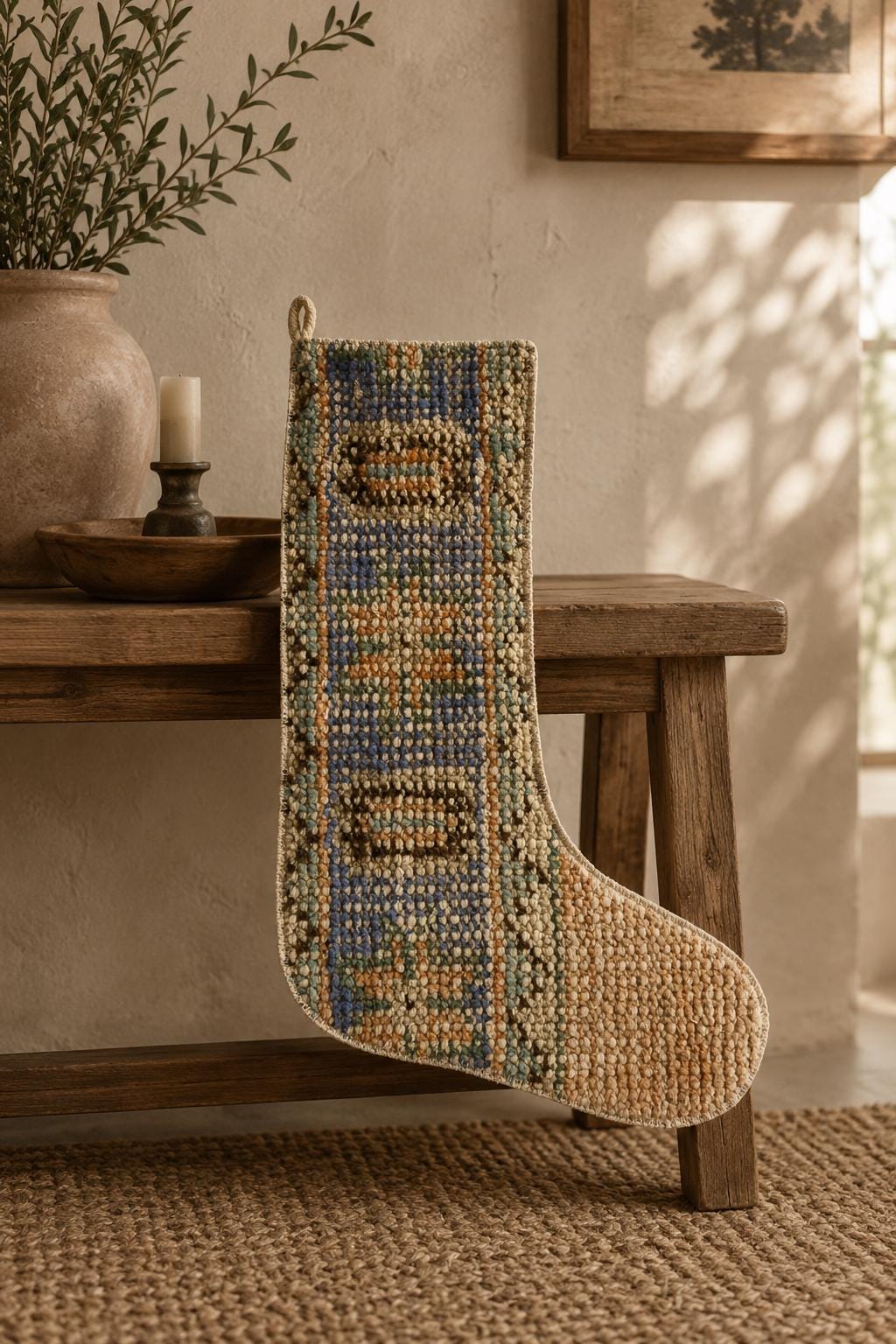 Turkish Rug Christmas Stocking, Handmade Vintage Anatolian Wool, Periwinkle Blue, Boho Rustic Fireplace Decor