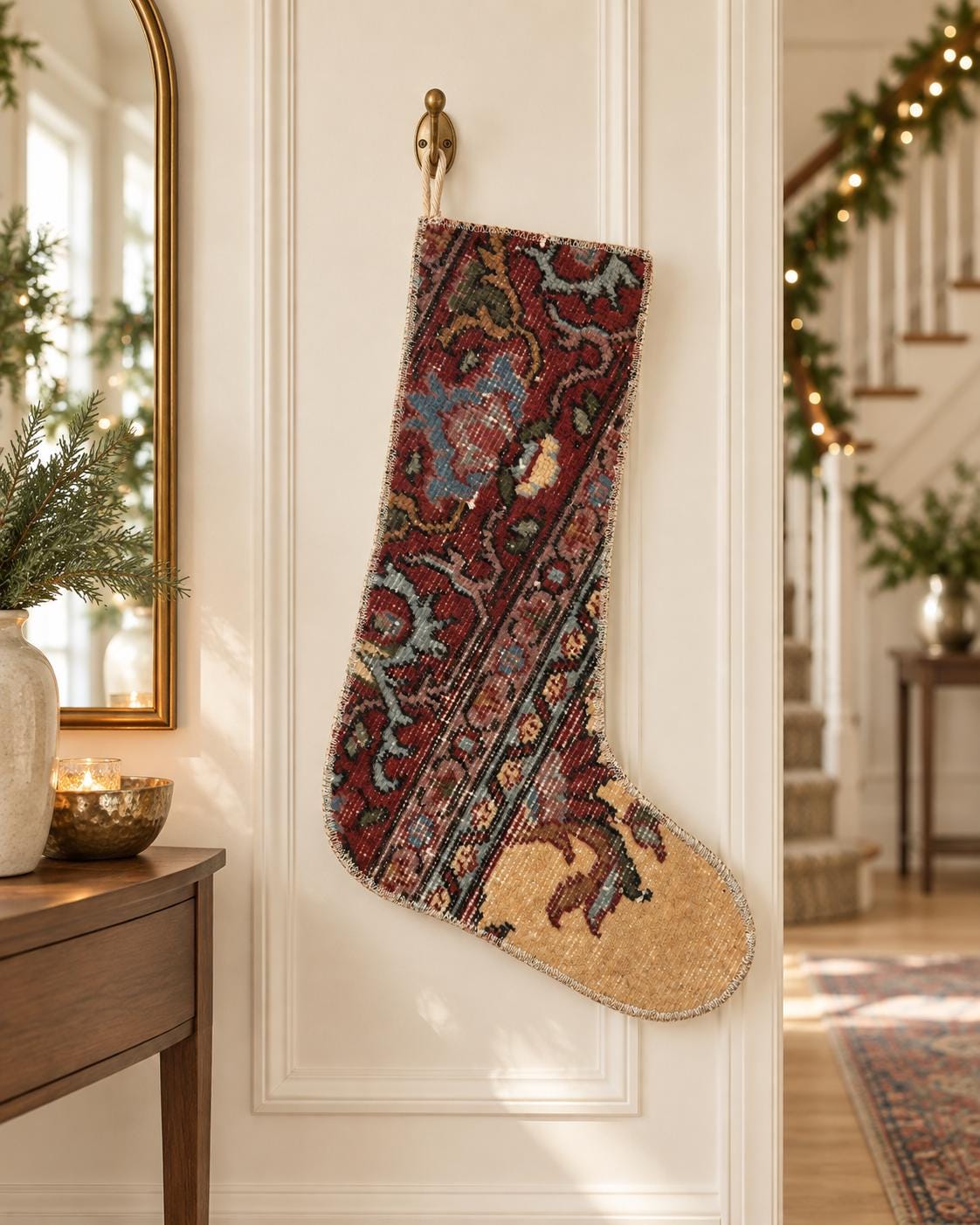 Vintage Hand Knotted Turkish Wool Rug Christmas Stocking, Burgundy Floral, 17.7 x 12.2 in