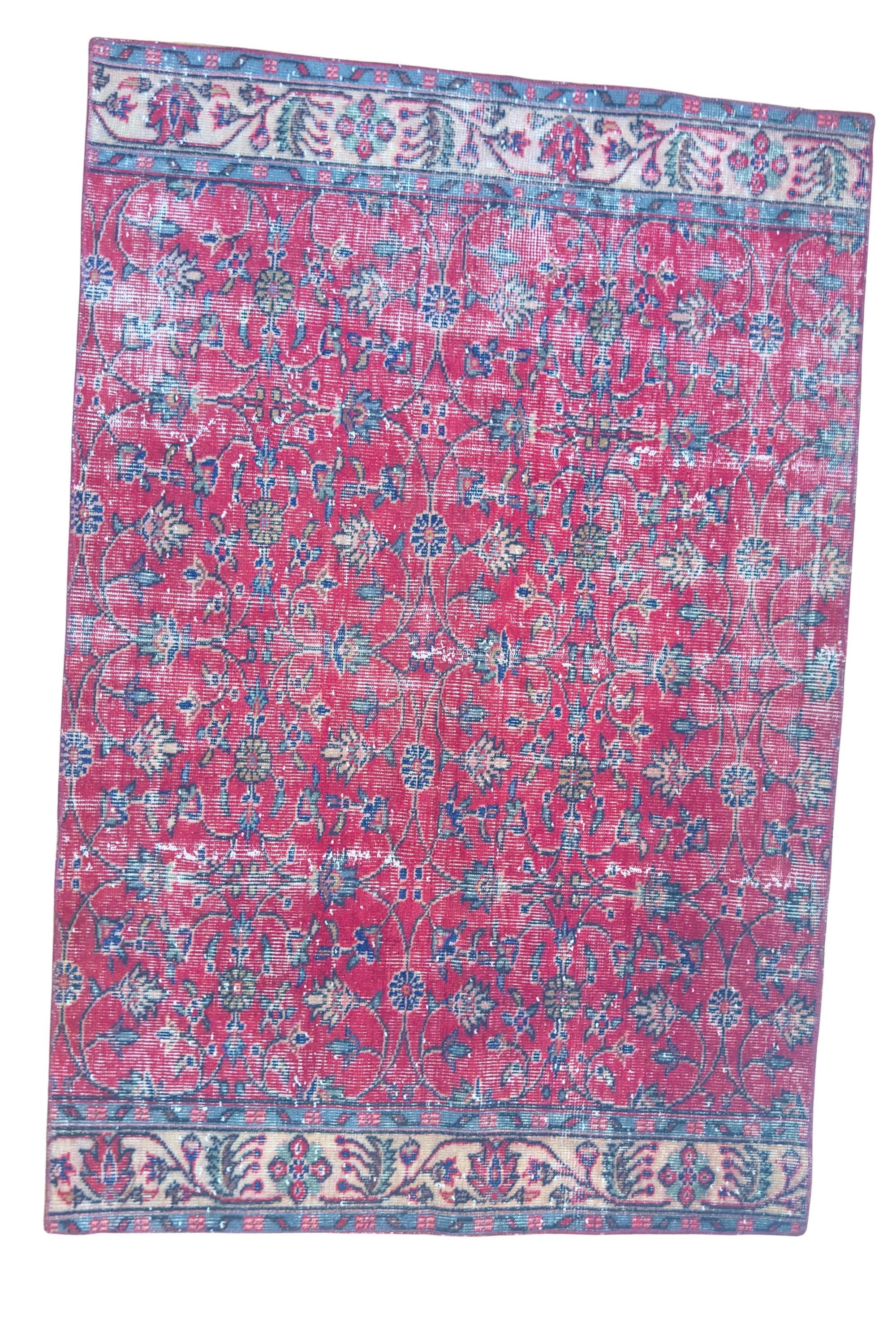 Vintage Turkish Isparta Area Rug, Hand-Knotted Wool Floral, Faded Crimson Red, 122x179 cm – view 4