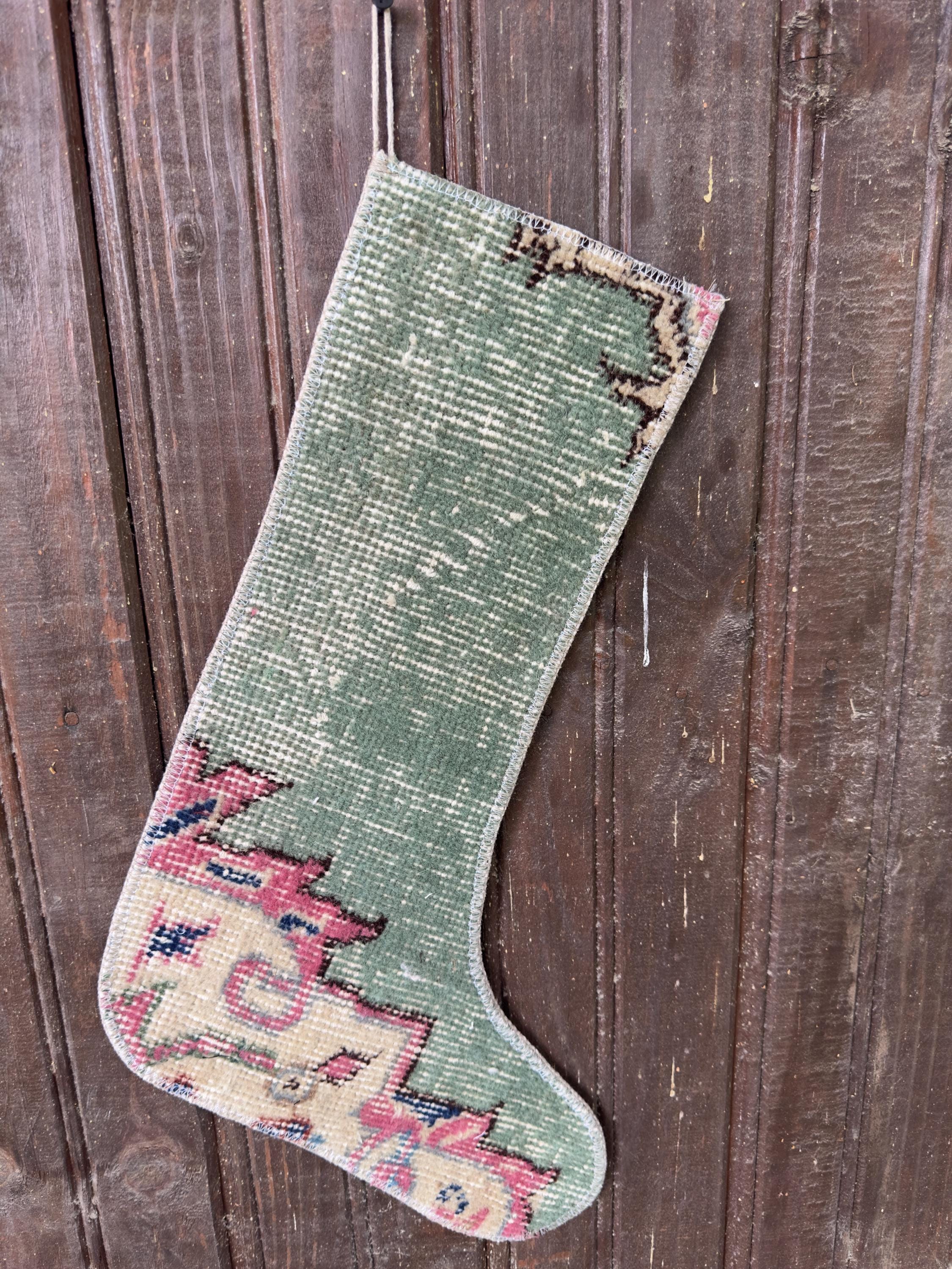 Vintage Turkish Rug Christmas Stocking, Faded Sage Green Floral, Raspberry Pink Cream, 11.8x17.7 in – view 5