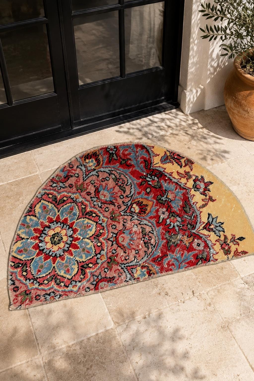Vintage Turkish Semicircle Rug, Hand-Knotted Wool Floral Medallion, Gold Burgundy Blue-Gray, 1.6x2.7 ft