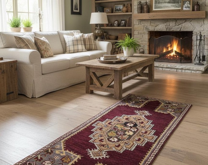 63x137 cm Handmade Kars Wool Rug – Brown Tribal Carpet with Medallion Design – Vintage Turkish Area Rug – Free Shipping