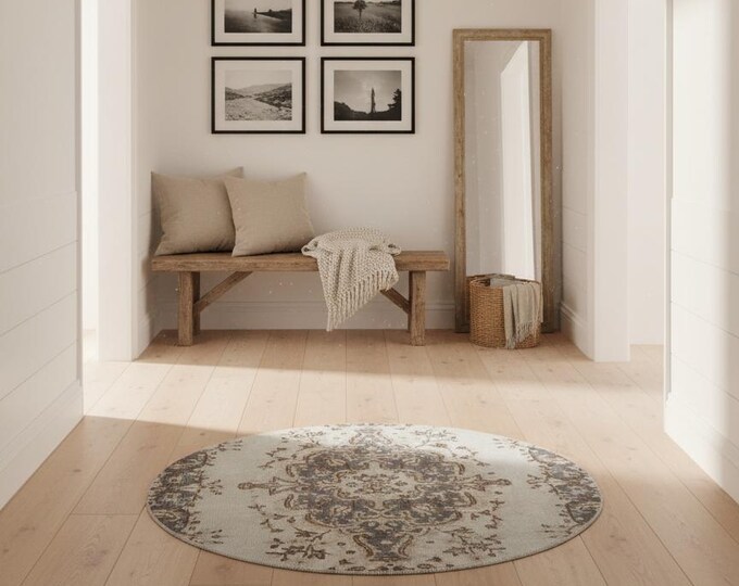 cute Gray Round Rug,Vintage Round Rug,3X3 Ft Round Rug,decorative round rug,circle area rug,handmade round rug,bathroom round rug, entryway