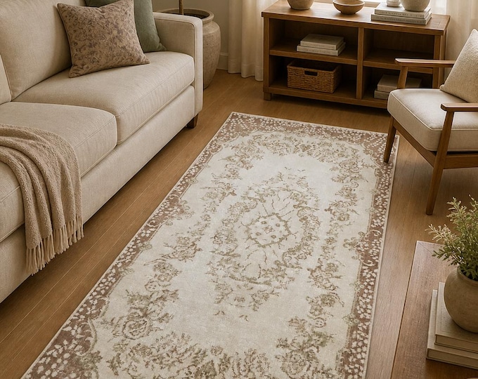 Vintage Turkish Isparta Rug, Hand Knotted Wool, Heavily Distressed Ivory Brown Medallion, Neutral