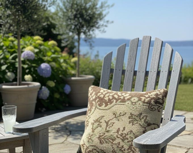 Throw Pillow - Unique Gift, Boho Home Decor | 16x16 Beige Green Turkish Rug Cushion