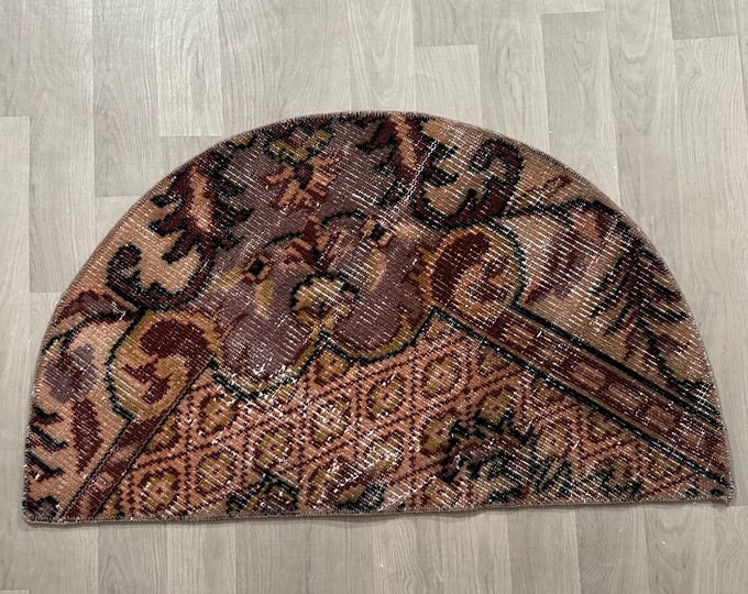 Vintage Turkish Wool Semicircle Rug: Handmade Brown Half Circle Rug (2.78 x 1.64 ft)