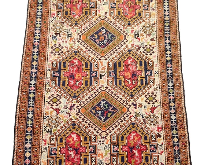 Vintage Afghan Area Rug Wool Handmade Animal Motif Office Living Room Decor