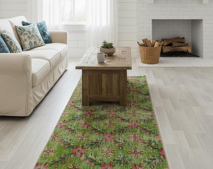 Green Wool Runner Rug: Vintage Turkish Hallway Rug