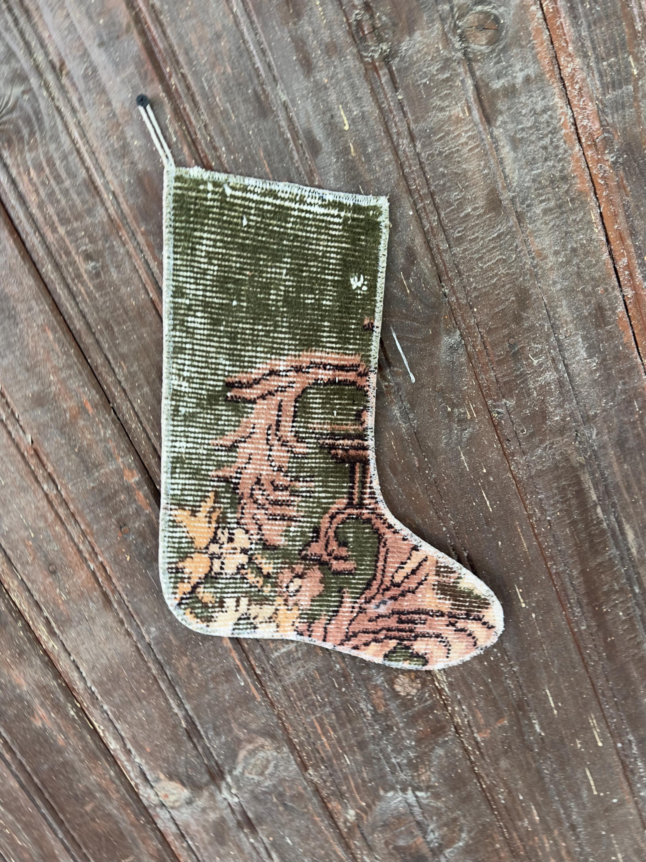 Vintage Turkish Rug Christmas Stocking, Earthy Olive Green Scroll, Dusty Rose Apricot, 12.6x14.6 in – view 4