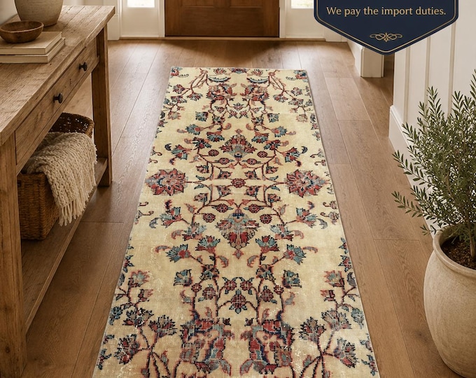 Vintage Turkish Isparta Runner Rug, Handwoven Wool Floral, Distressed Ivory Red Green, 2.9x6.4 ft