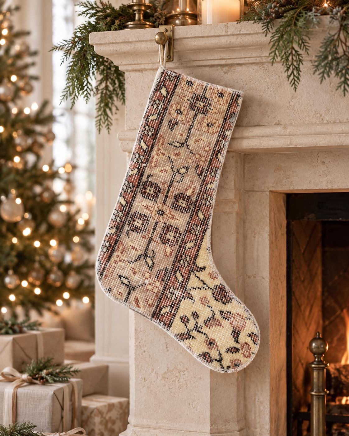 Vintage Turkish Rug Christmas Stocking, Faded Farmhouse Floral, Cream Terracotta Beige, 12.6x18.1 in