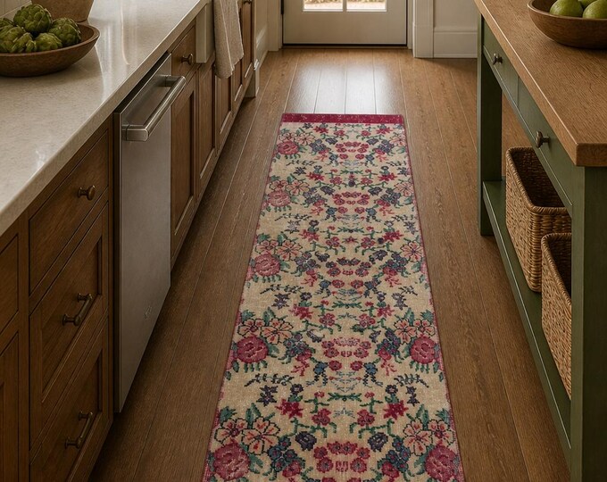 Vintage Turkish Isparta Runner Rug 1.9x8.2 ft | Ivory Floral Wool Hallway Carpet | Handmade Anatolian Boho Rug