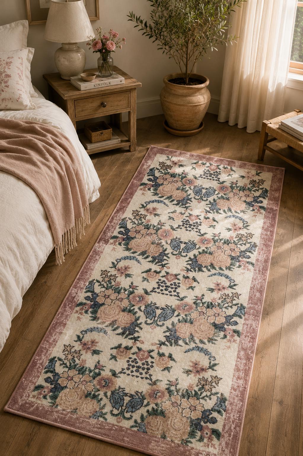 Vintage Turkish Isparta Rug, Handwoven Wool Rose Floral, Ivory Dusty Rose, 3.5x6.75 ft