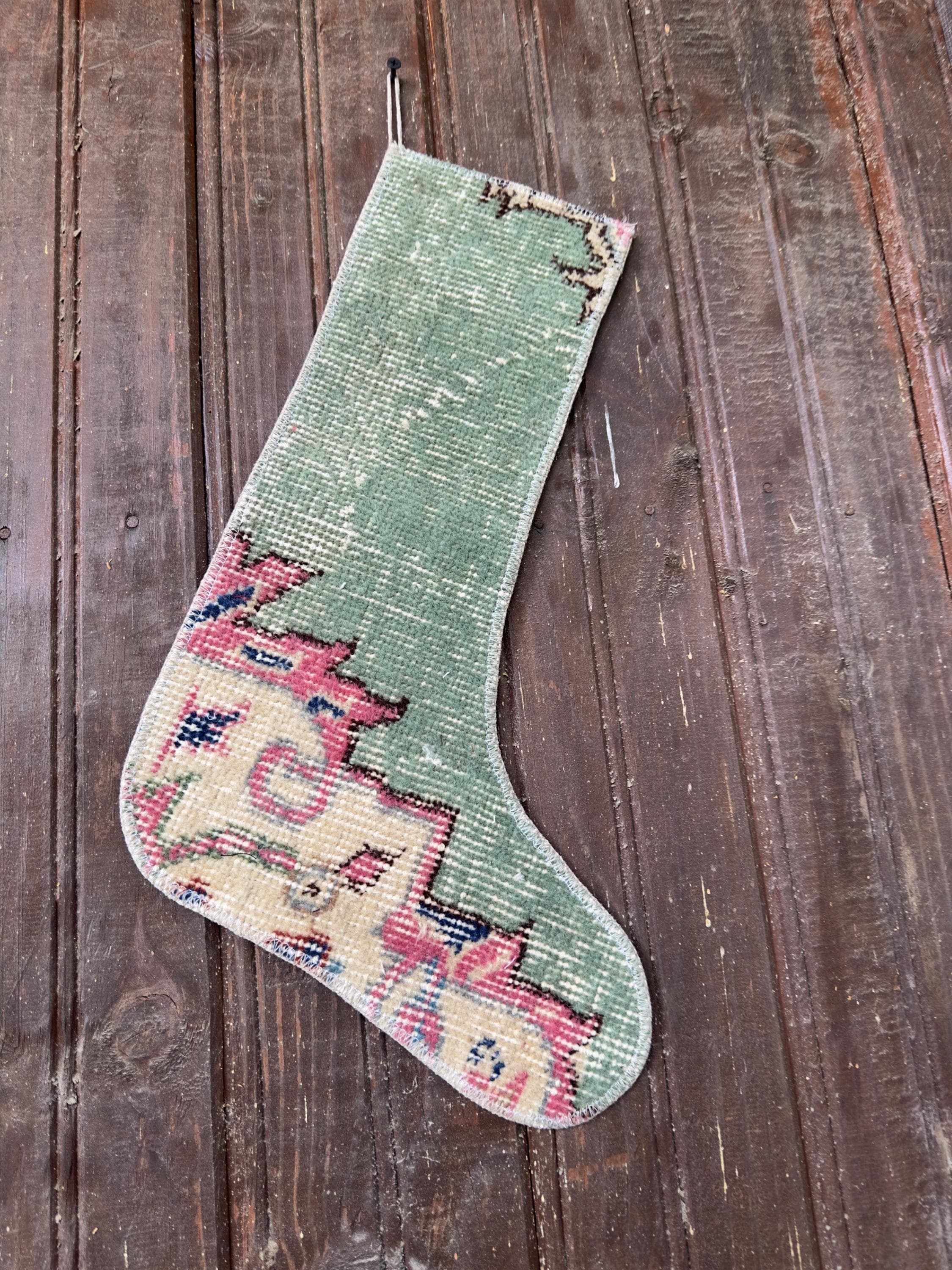 Vintage Turkish Rug Christmas Stocking, Faded Sage Green Floral, Raspberry Pink Cream, 11.8x17.7 in – view 6