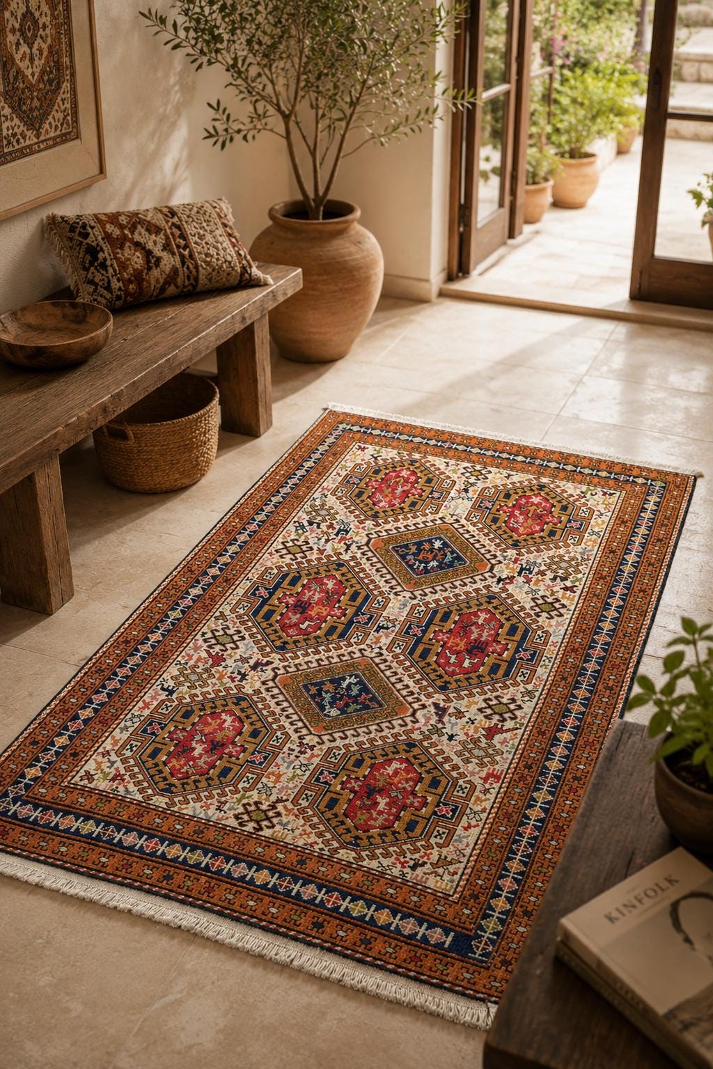 Vintage Afghan Kazak Area Rug, 3.8x6.1 ft, Red Ivory Navy Gold, Animal Motif Medallion