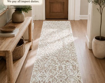 Turkish Runner Rug, Vintage Handwoven Wool Geometric, Distressed Ivory Mocha Neutral, 1.8x4.5 ft