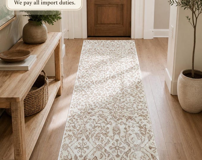 Turkish Runner Rug, Vintage Isparta Handwoven Wool Geometric, Distressed Ivory Mocha, 1.8x4.5 ft