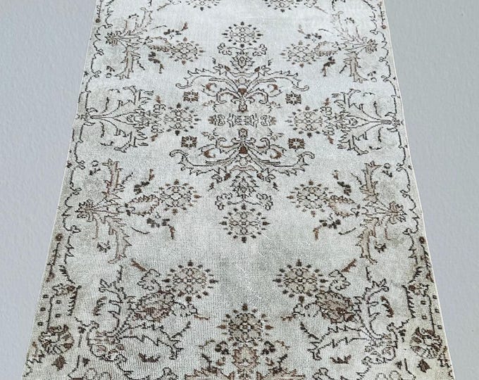 Vintage Oushak Wool Rug: Beige Brown Turkish Area Rug (3x7 ft)