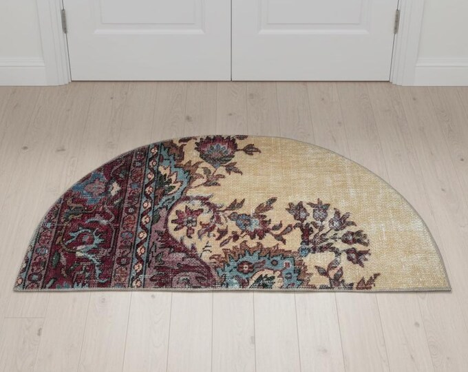 Semicircle Turkish Rug 1.5x2.6 ft • Beige Red Blue Vintage Wool Half Rug