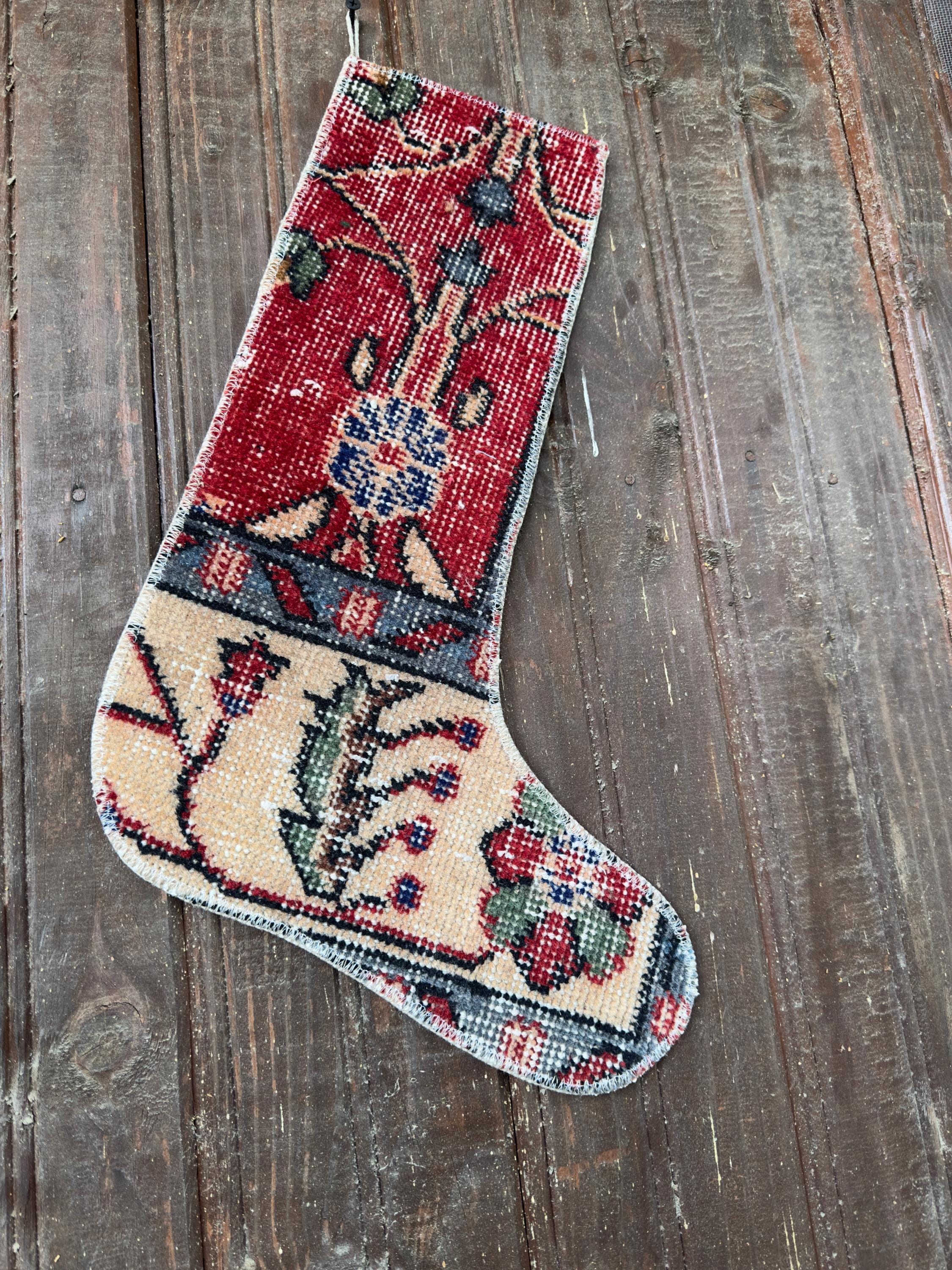 Vintage Turkish Rug Christmas Stocking, Bohemian Red Floral, Cream Blue Green, 12.6x18.1 in – view 5