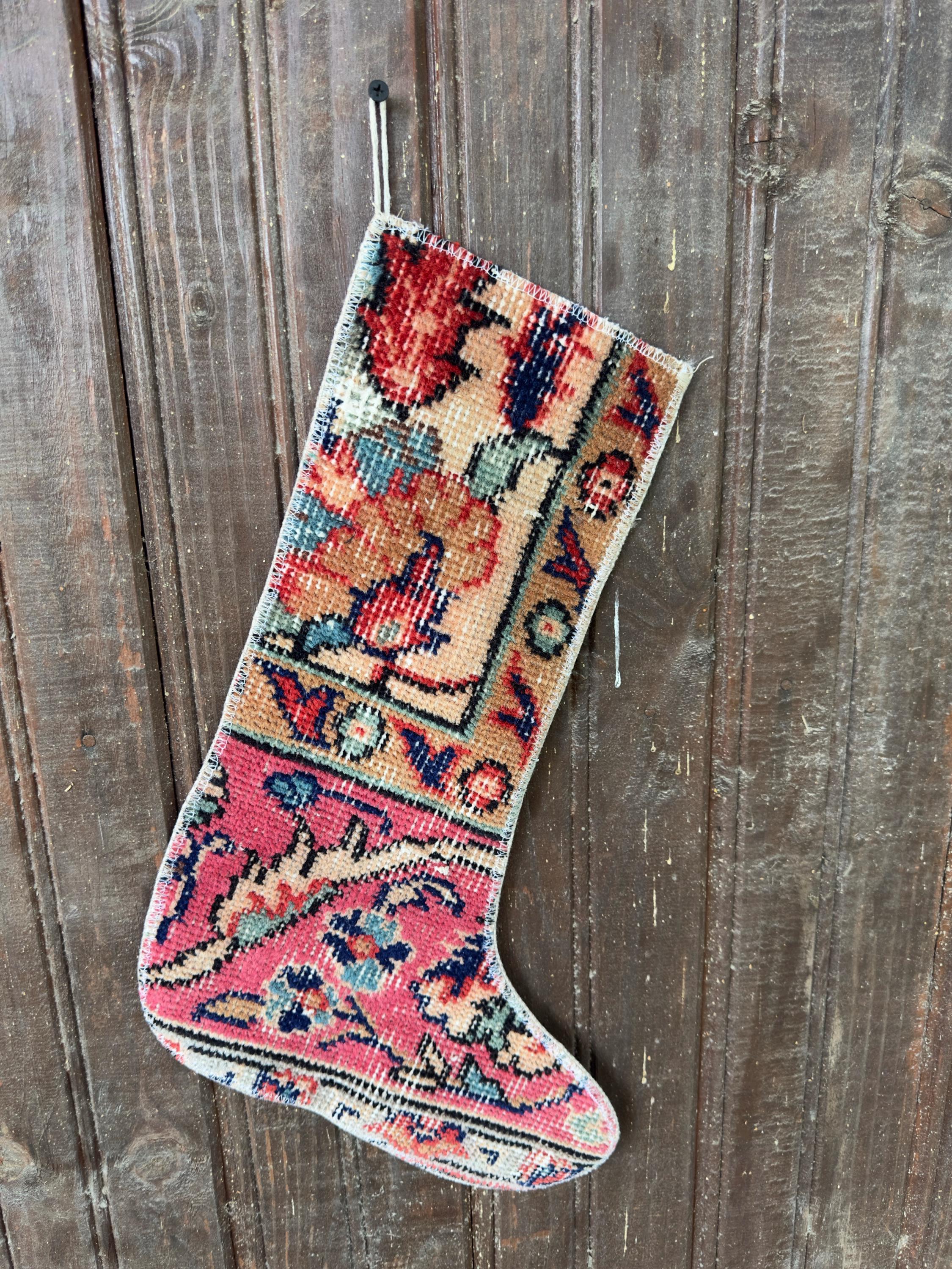 Christmas Stocking, Vintage Turkish Rug, Floral Ivory Red Raspberry Pink, 17 in in ivory, red, pink, central motif detail