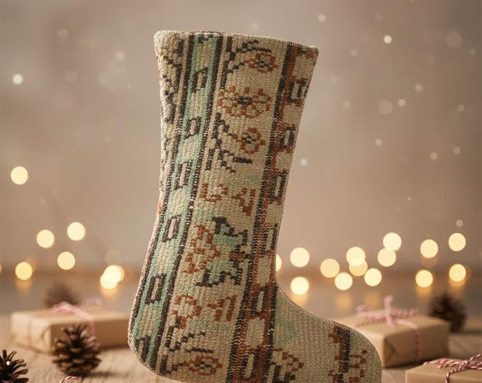 Vintage Rug Christmas Stocking – Upcycled Carpet – Green Beige Holiday Decor