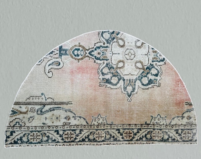 Vintage Turkish Wool Rug: Handmade Half Circle Doormat (2x4 ft)