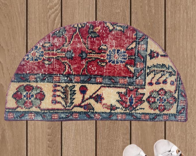 Vintage Hand-Knotted Wool Semicircle Rug, Distressed Burgundy Red Floral Half Moon Doormat, 2.3x1.2 ft