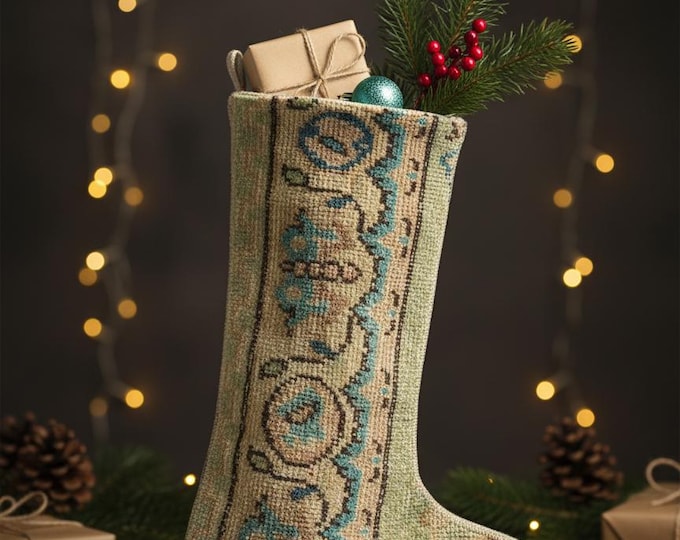 Vintage Rug Christmas Stocking – Upcycled Carpet – Green Beige Boho Decor