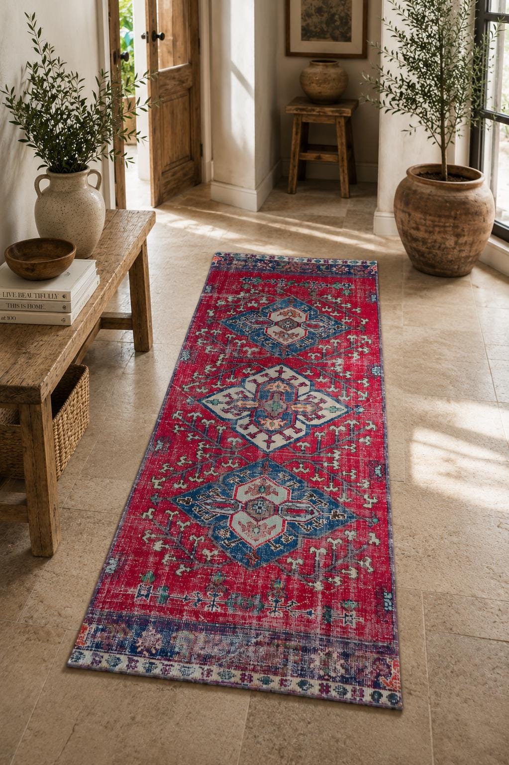 Vintage Turkish Area Rug, Handwoven Wool Triple Medallion, Crimson Red Navy Burgundy, 3.9x7.7 ft