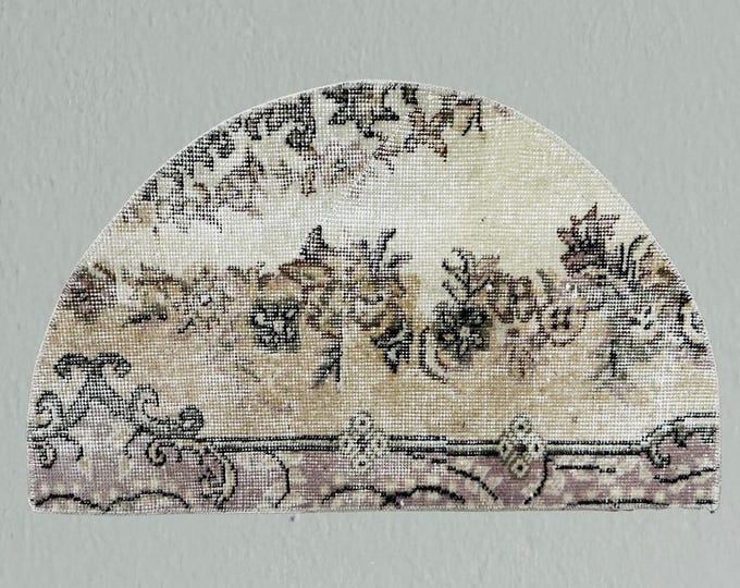 Handmade Wool Half Moon Rug: Vintage Turkish Entryway Doormat