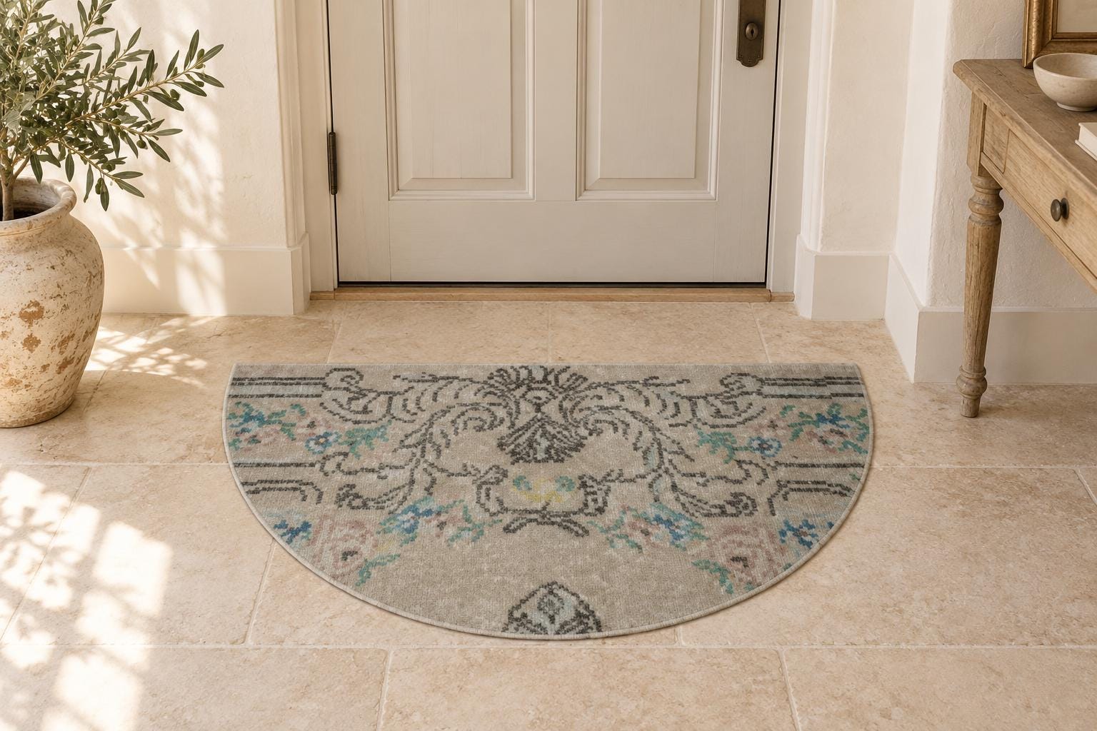 Vintage Turkish Semicircle Rug, Half Moon Doormat, Cream Teal Blush, Entryway Rug, 18x33 in