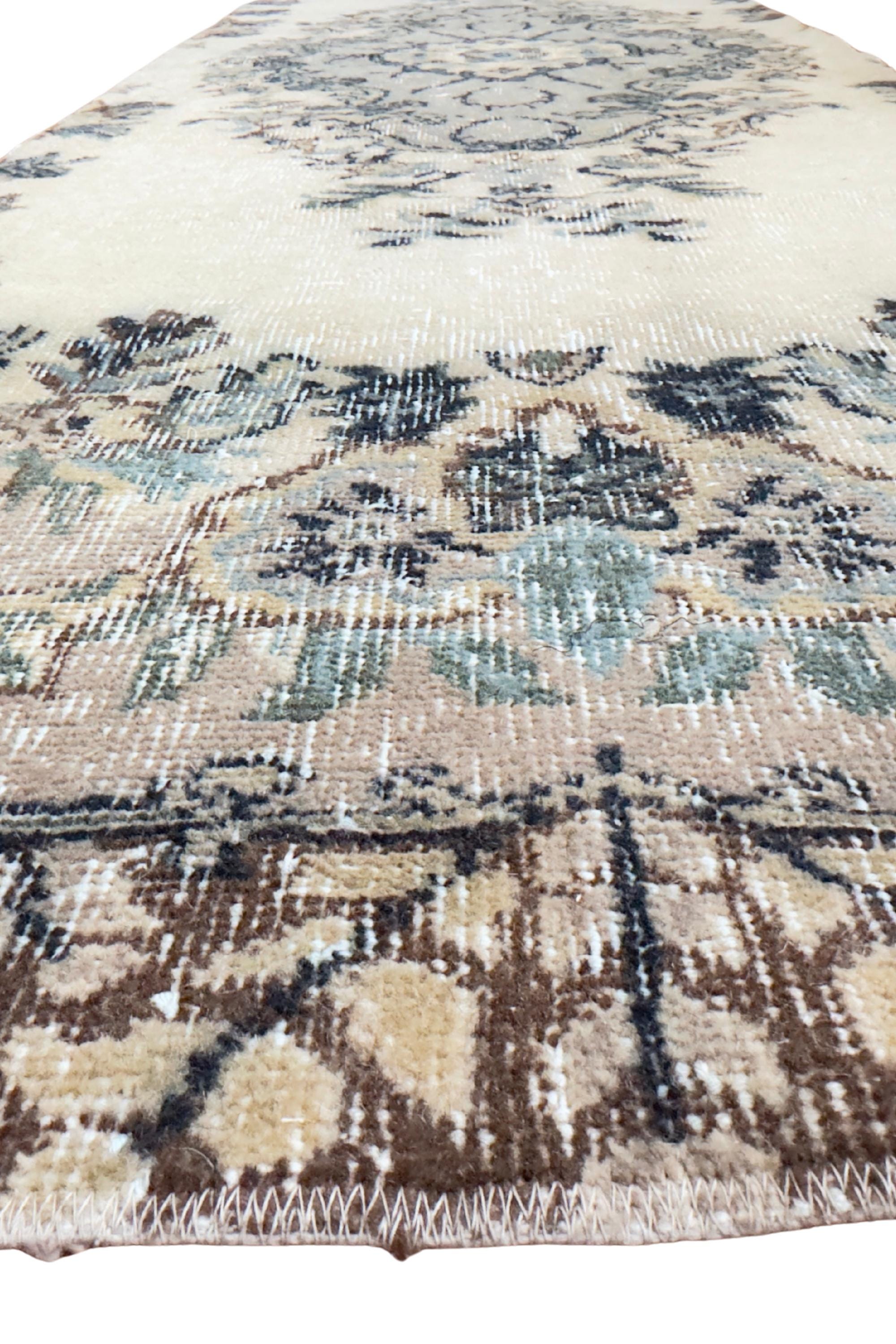 Vintage Turkish Runner Rug, Hand-Knotted Wool Floral Medallion, Faded Slate Blue Ivory, 2.8x9 ft – view 6