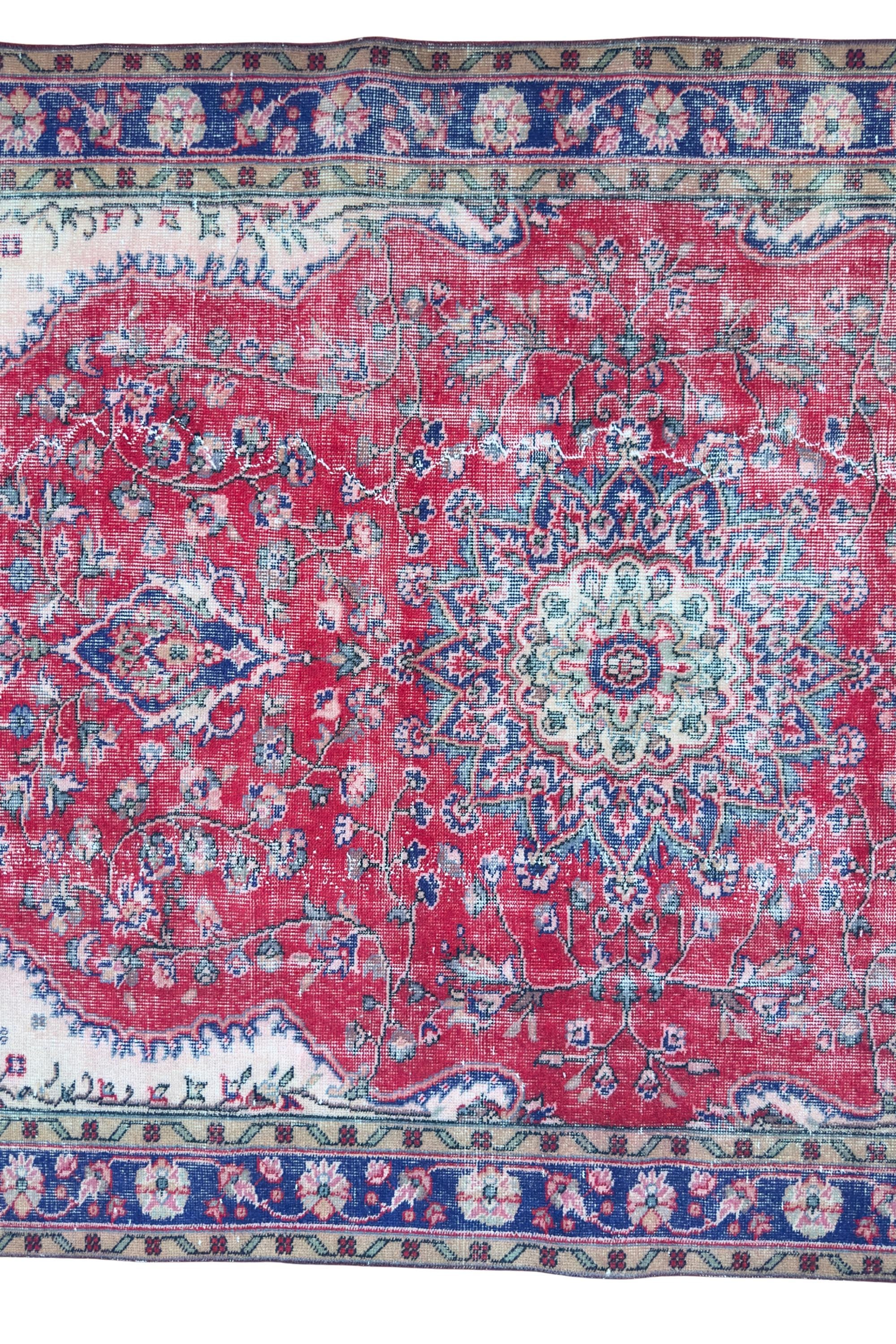 Vintage Turkish Area Rug, Hand-Knotted Wool Medallion, Faded Crimson Red Navy, 6x9 ft – view 18