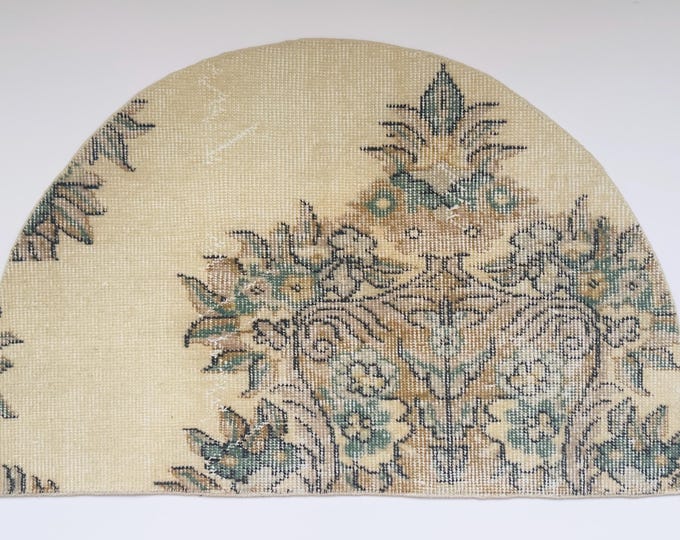 Large Semicircle Wool Rug 22x33 Inch Vintage Turkish