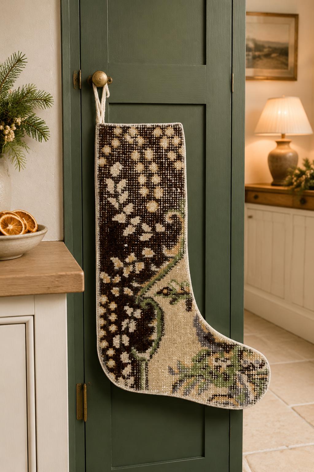 Turkish Rug Christmas Stocking, Handmade Vintage Anatolian Wool, Boho Fireplace Decor, Black, Rustic Gift
