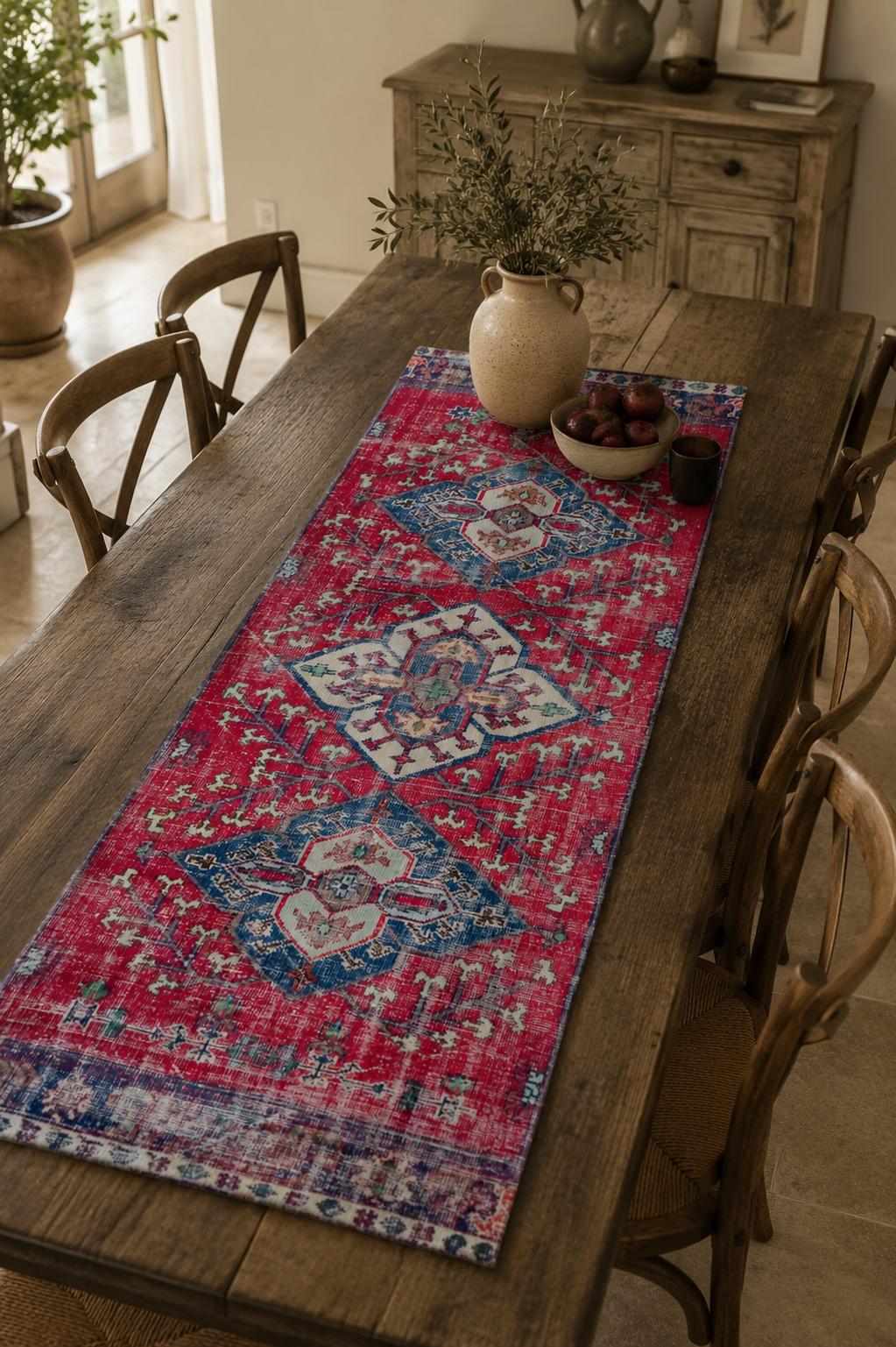 Vintage Turkish Area Rug, Handwoven Wool Triple Medallion, Crimson Red Navy Burgundy, 3.9x7.7 ft – view 2