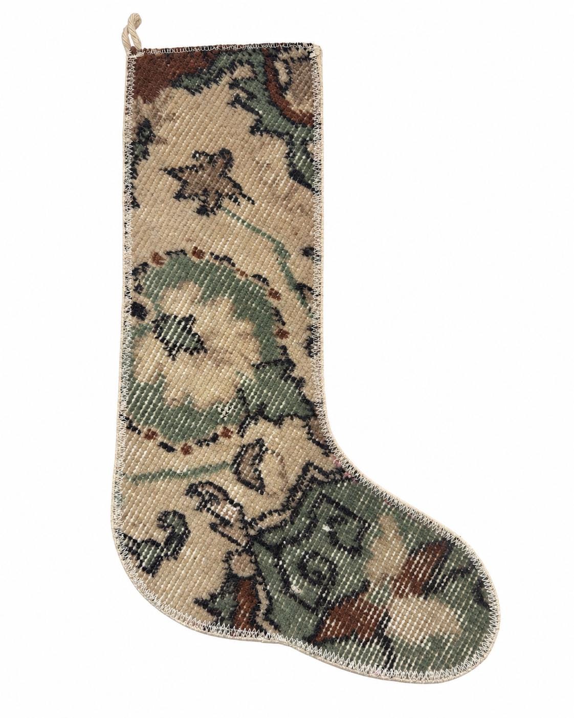 Set of 2 Vintage Turkish Rug Christmas Stockings, Sage Green Cream Boho Decor, Hand-Knotted – view 4